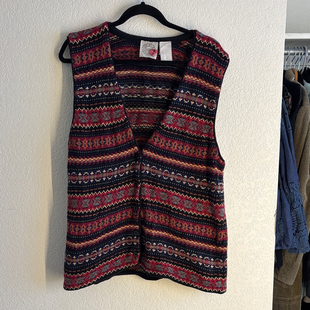 Vintage Free People Erika & Company Multicolor Knit Patterned Sweater Vest XL